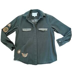 Beautiful Stories Military Green Embroidered Jacket Shirt SZ S Boho Embroidery